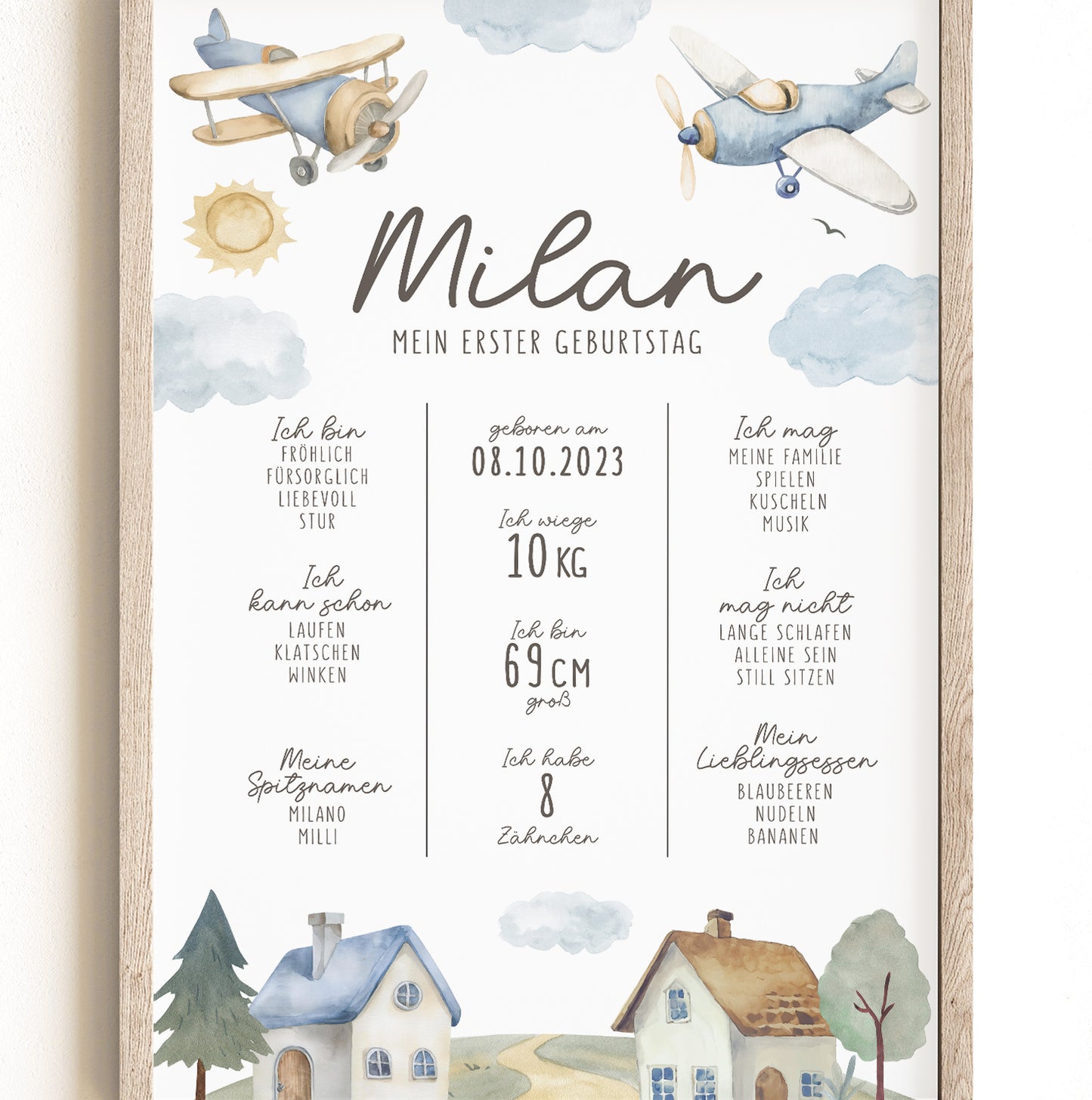 Meilensteintafel zum 1. Geburtstag, personalisiert, Flugzeug, Geburtstagsposter