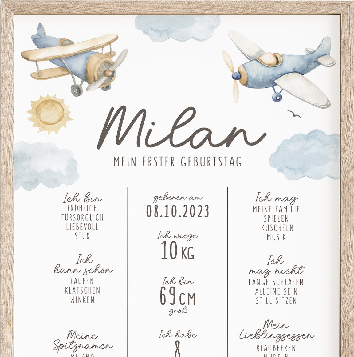 Meilensteintafel zum 1. Geburtstag, personalisiert, Flugzeug, Geburtstagsposter