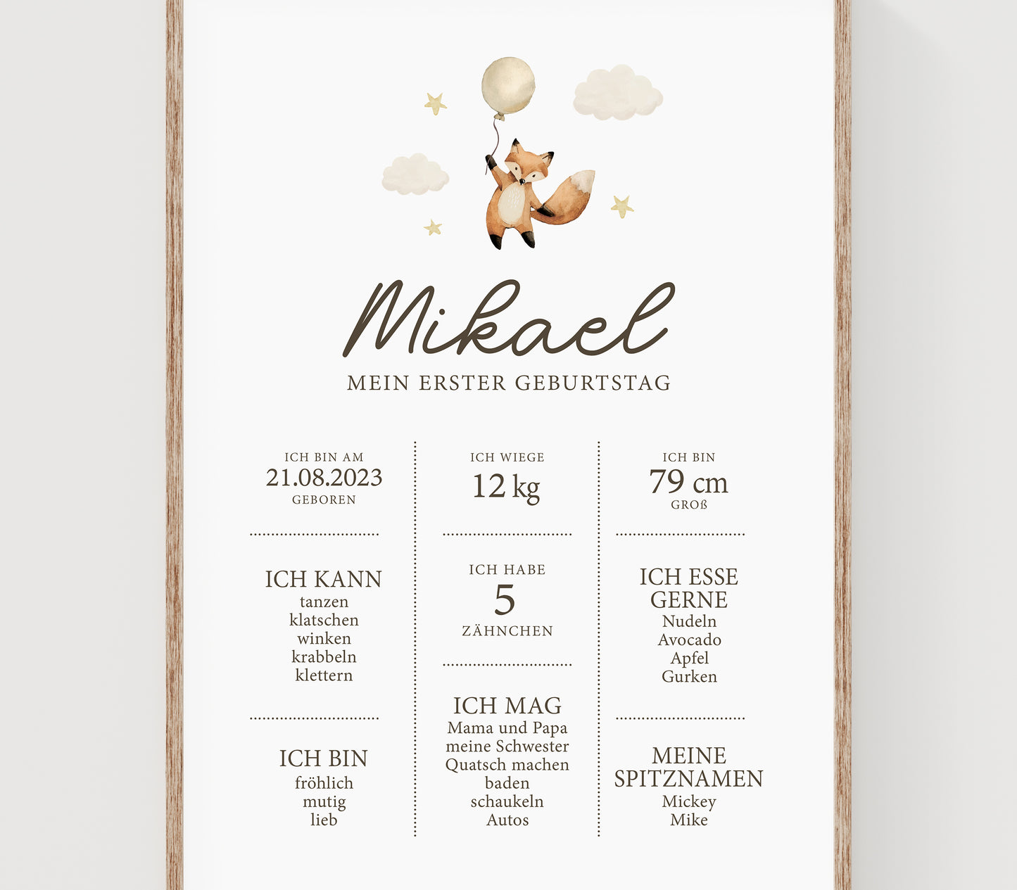 Meilensteintafel zum 1. Geburtstag, personalisiert, Waldtiere, Geburtstagsposter