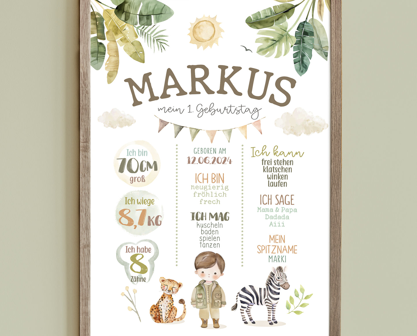 Meilensteintafel zum 1. Geburtstag, personalisiert, Safari, Geburtstagsposter