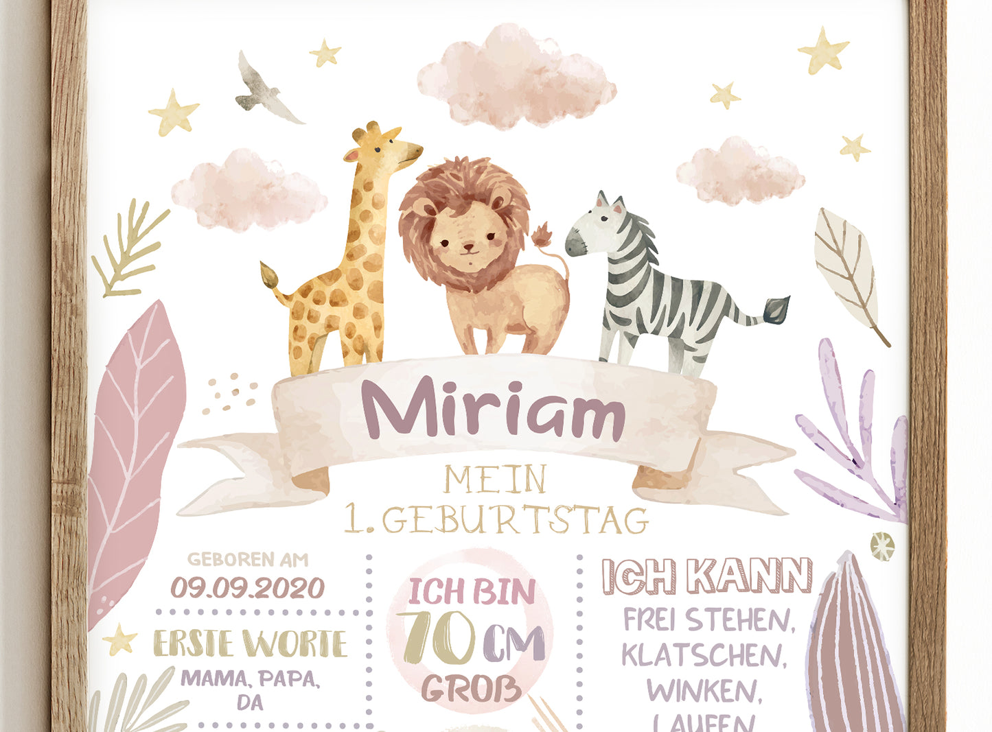 Meilensteintafel zum 1. Geburtstag, personalisiert, Safari, Geburtstagsposter, Wild one, Löwe