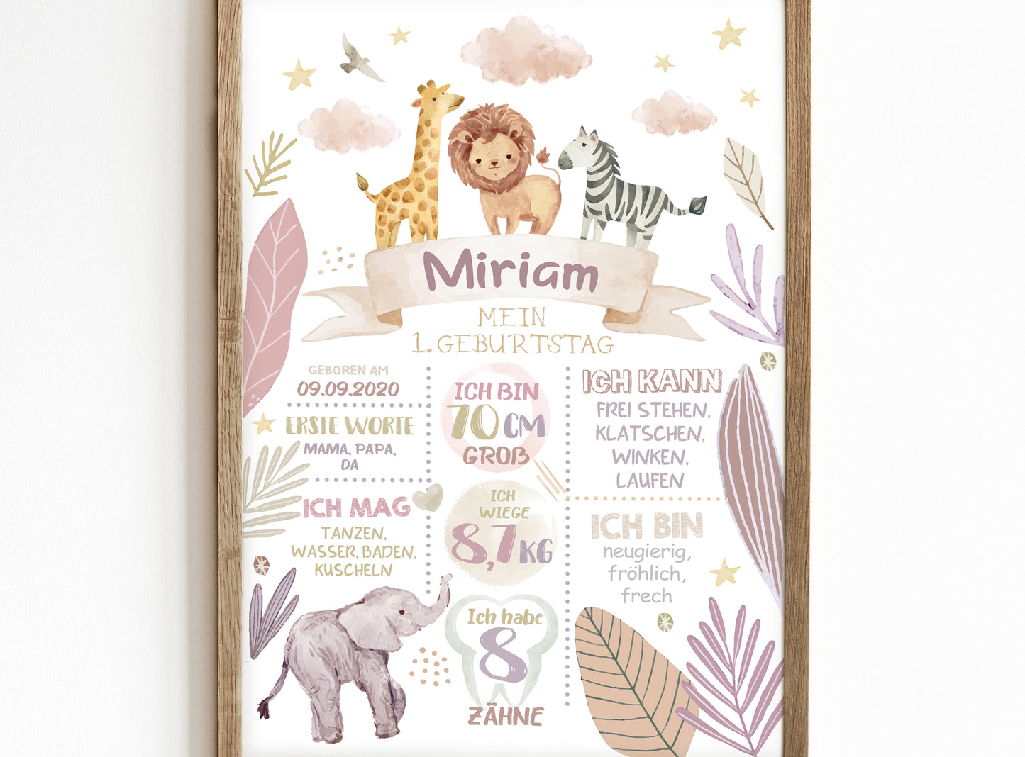 Meilensteintafel zum 1. Geburtstag, personalisiert, Safari, Geburtstagsposter, Wild one, Löwe