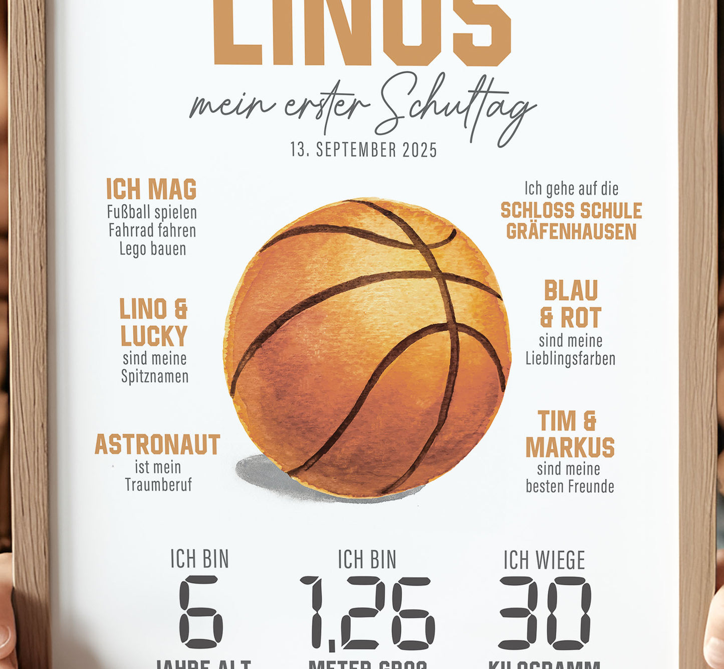 Personalisierte Meilensteintafel zur Einschulung, Meilensteinposter, Basketball