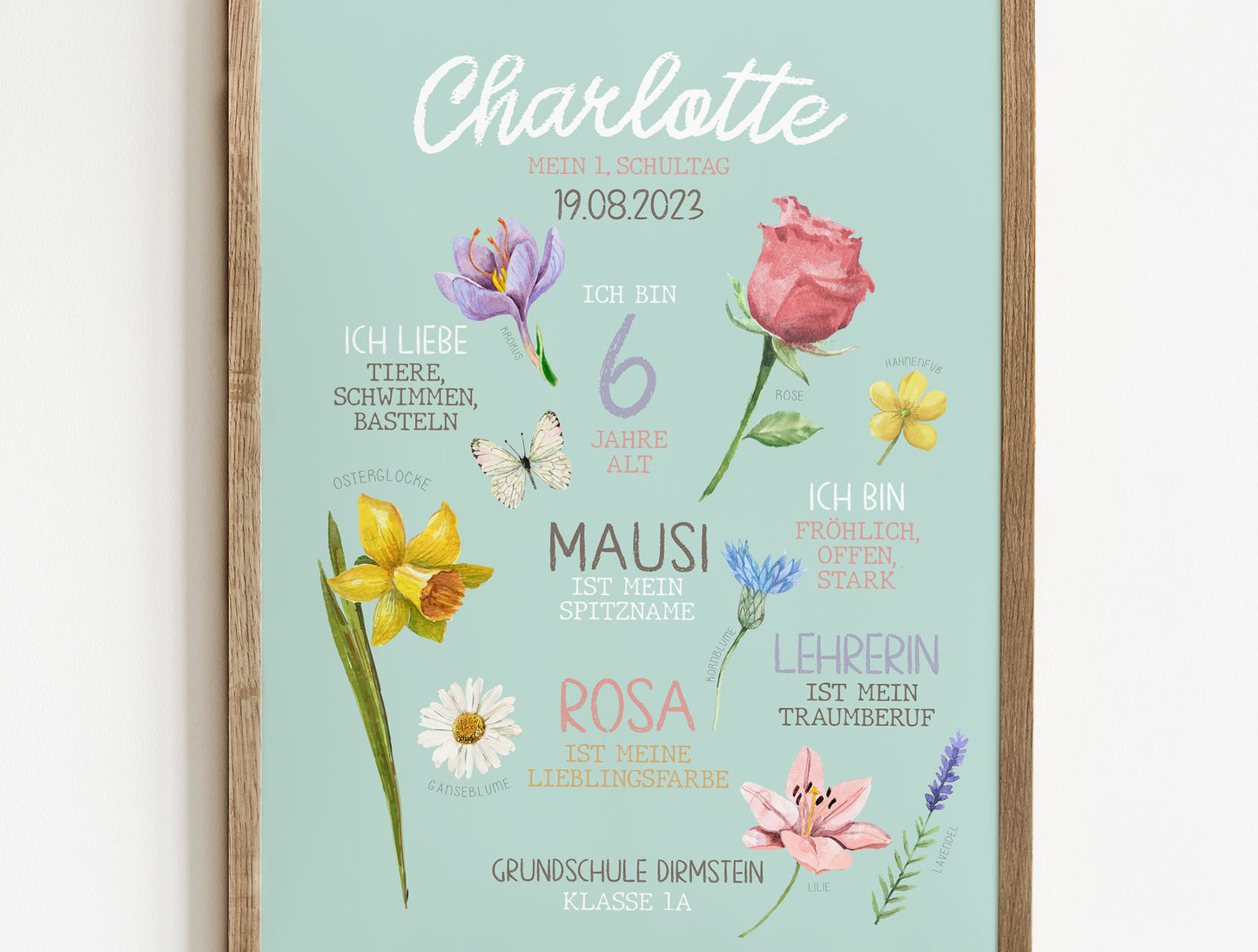 Personalisierte Meilensteintafel zur Einschulung, Meilensteinposter, Blumen 2