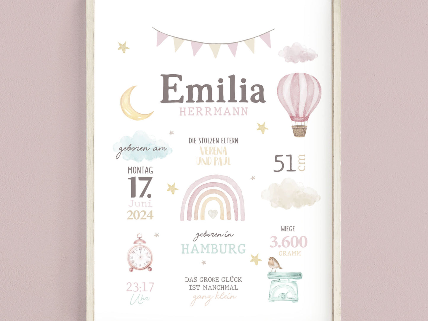 Geburtsposter, Regenbogen, personalisiert, Geburtstafel, Geschenk Geburt, Rosa