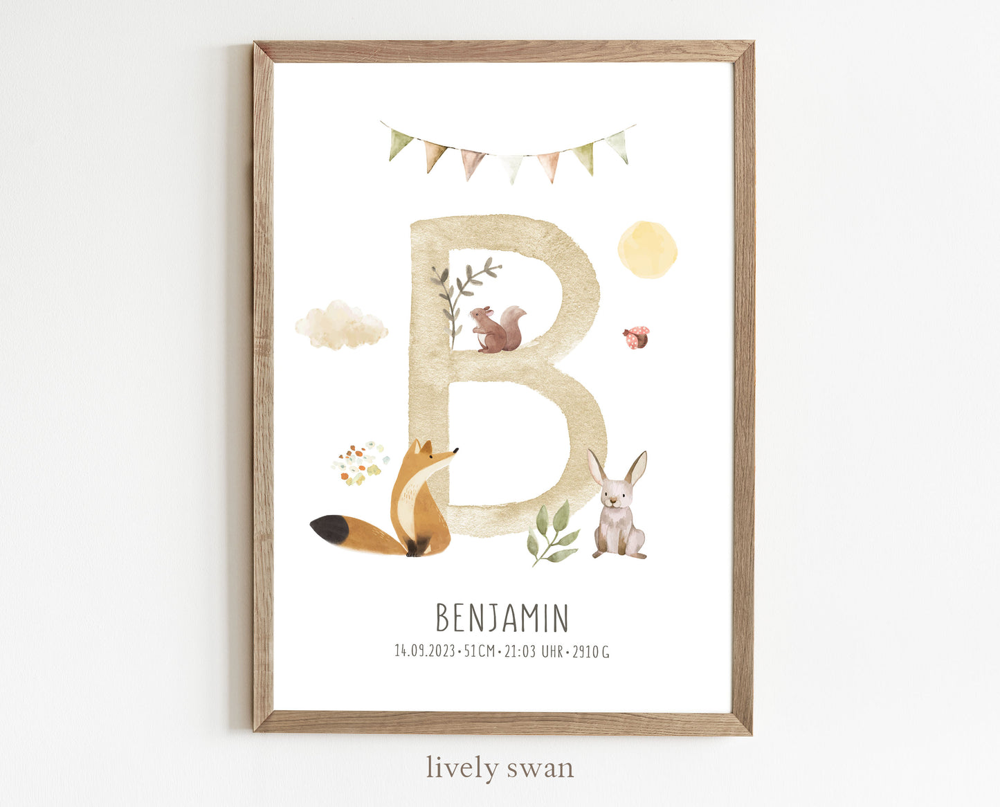 personalisiertes Geburtsposter mit Waldtieren, Fuchs, Geburtstafel, Geschenk Geburt
