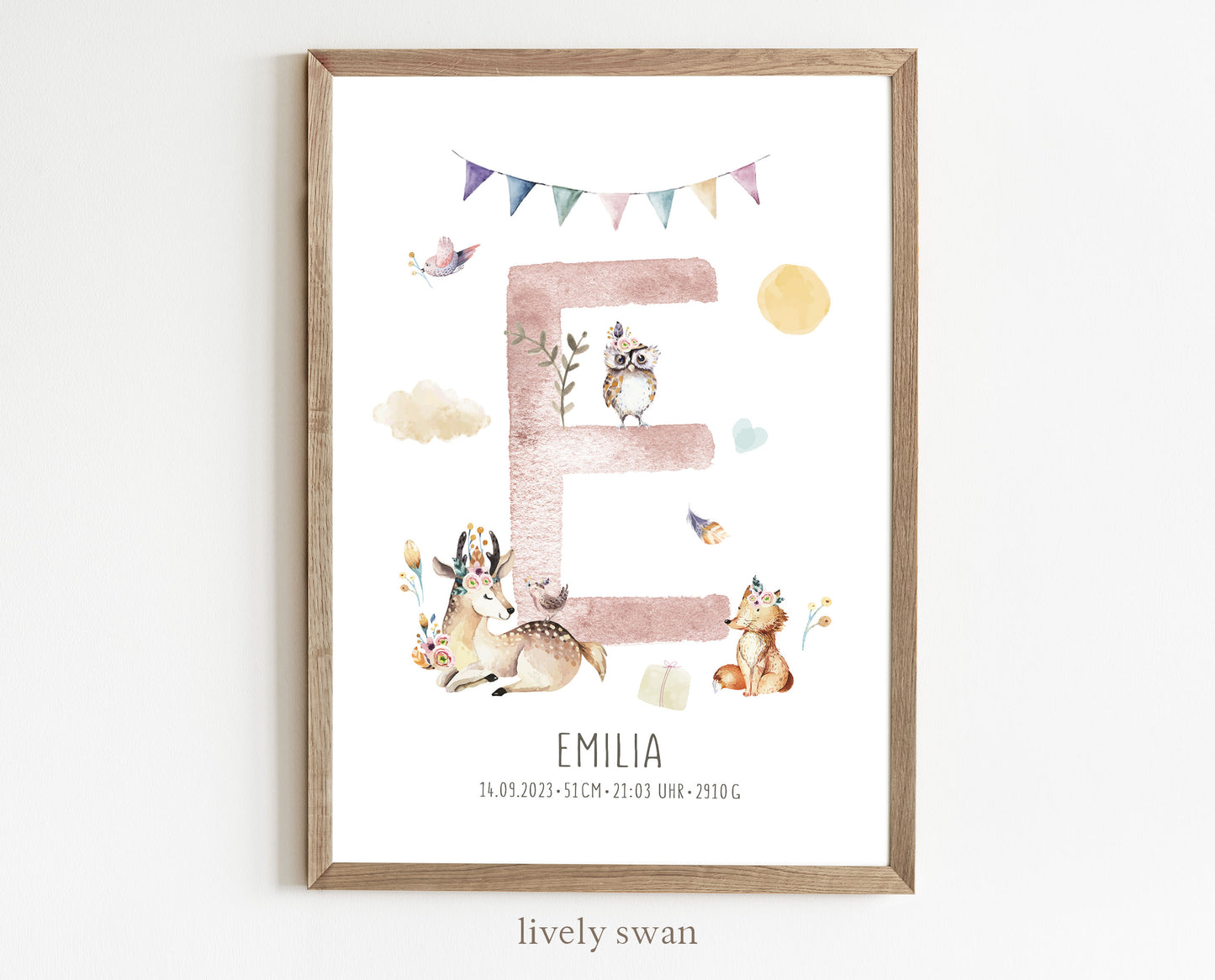 Geburtsposter, Waldtieren, personalisiert, Geburtstafel, Geschenk Geburt, Rosa