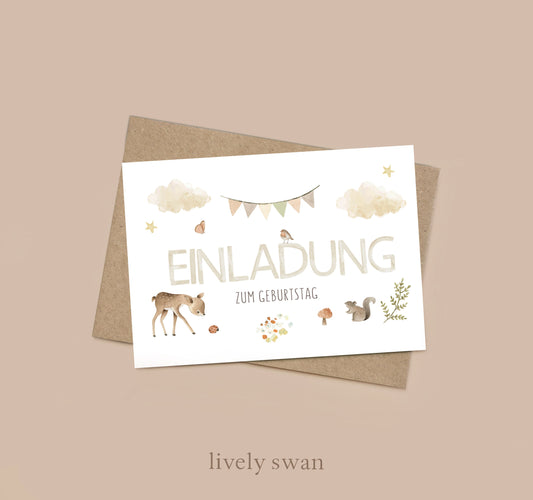 Einladungskarten Kindergeburtstag-Waldtiere-DIN A6-Naturpapier-2