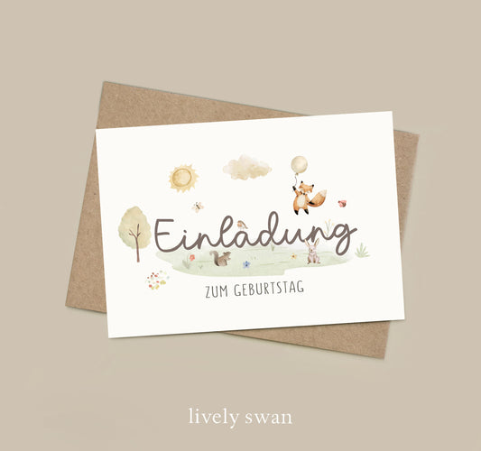 Einladungskarten Kindergeburtstag-Waldtiere-DIN A6-Naturpapier