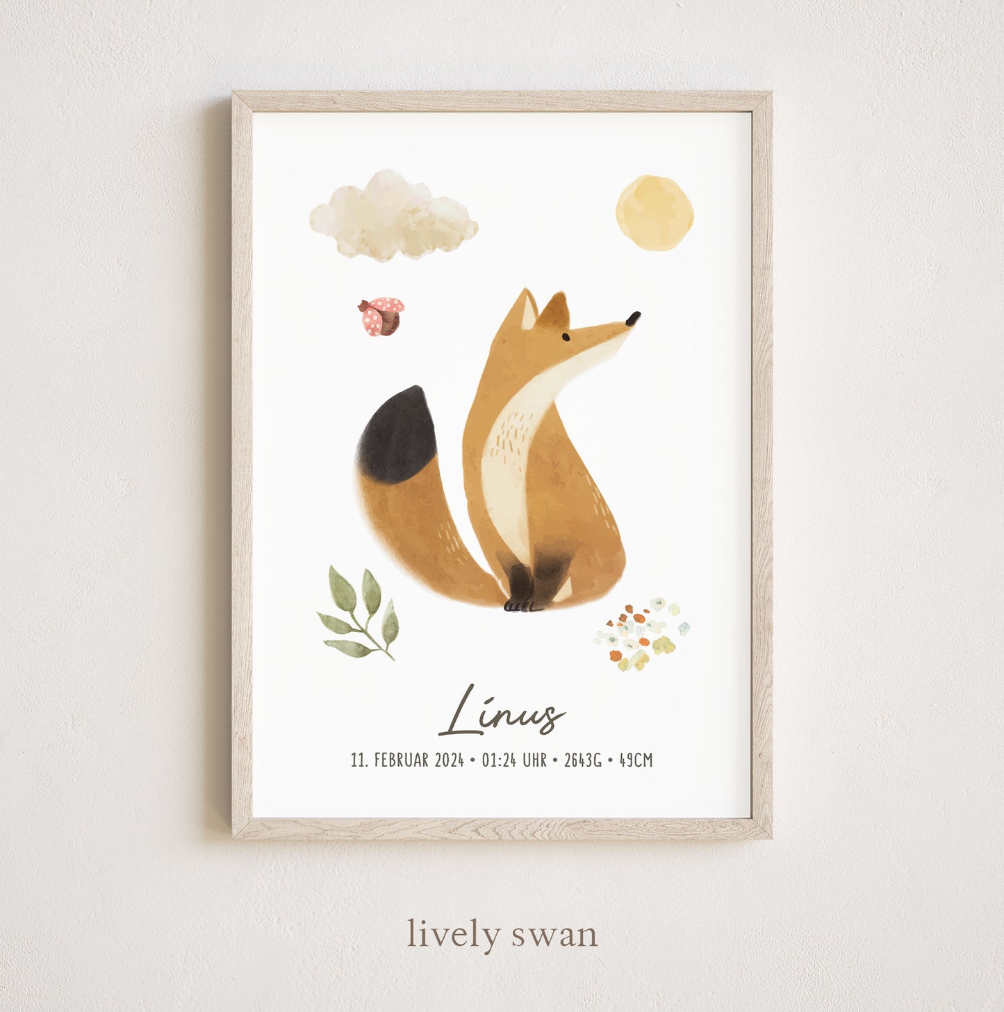 Geburtsposter, Fuchs, Waldtiere, Geburtstafel, Geschenk Geburt