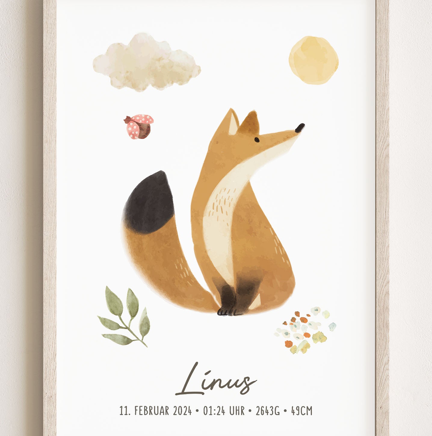 Geburtsposter, Fuchs, Waldtiere, Geburtstafel, Geschenk Geburt