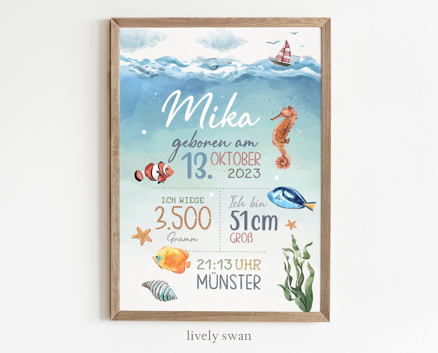 Personalisiertes Geburtsposter mit Meerestieren, Geburtstafel, Geschenk Geburt