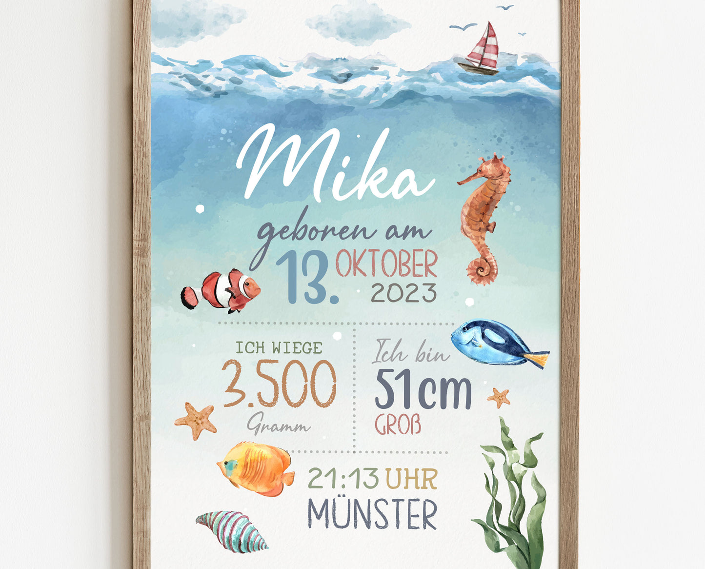 Personalisiertes Geburtsposter mit Meerestieren, Geburtstafel, Geschenk Geburt