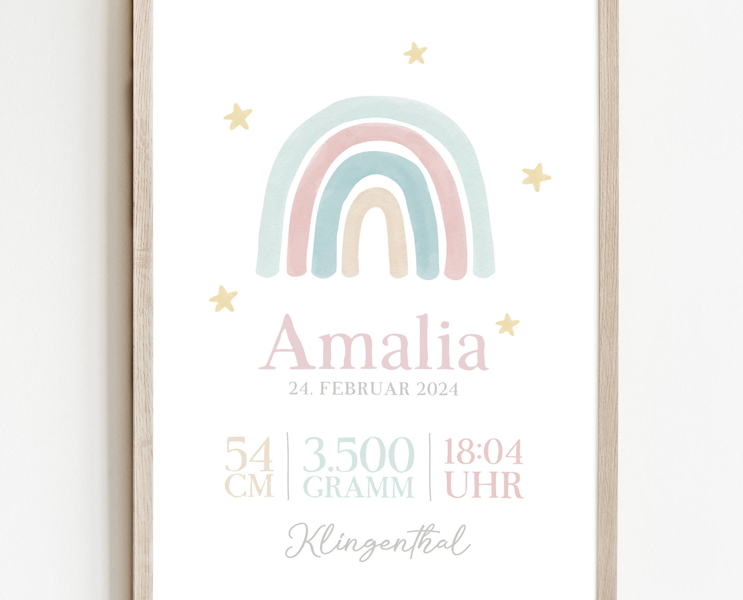 Geburtsposter, Regenbogen, personalisiert, Geburtstafel, Geschenk Geburt, Rosa