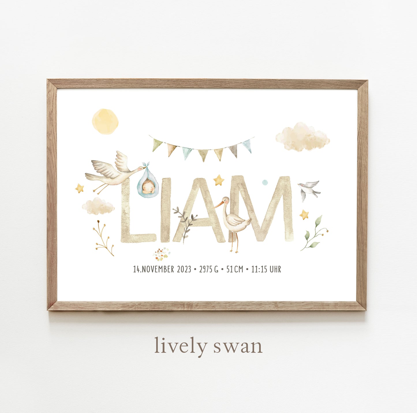 Geburtsposter, Storch, personalisiert, Geburtstafel, Geschenk Geburt, Rosa 2