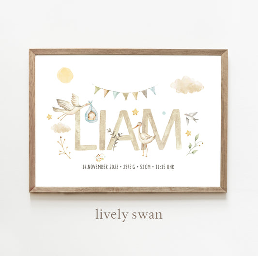 Geburtsposter, Storch, personalisiert, Geburtstafel, Geschenk Geburt, Blau 2