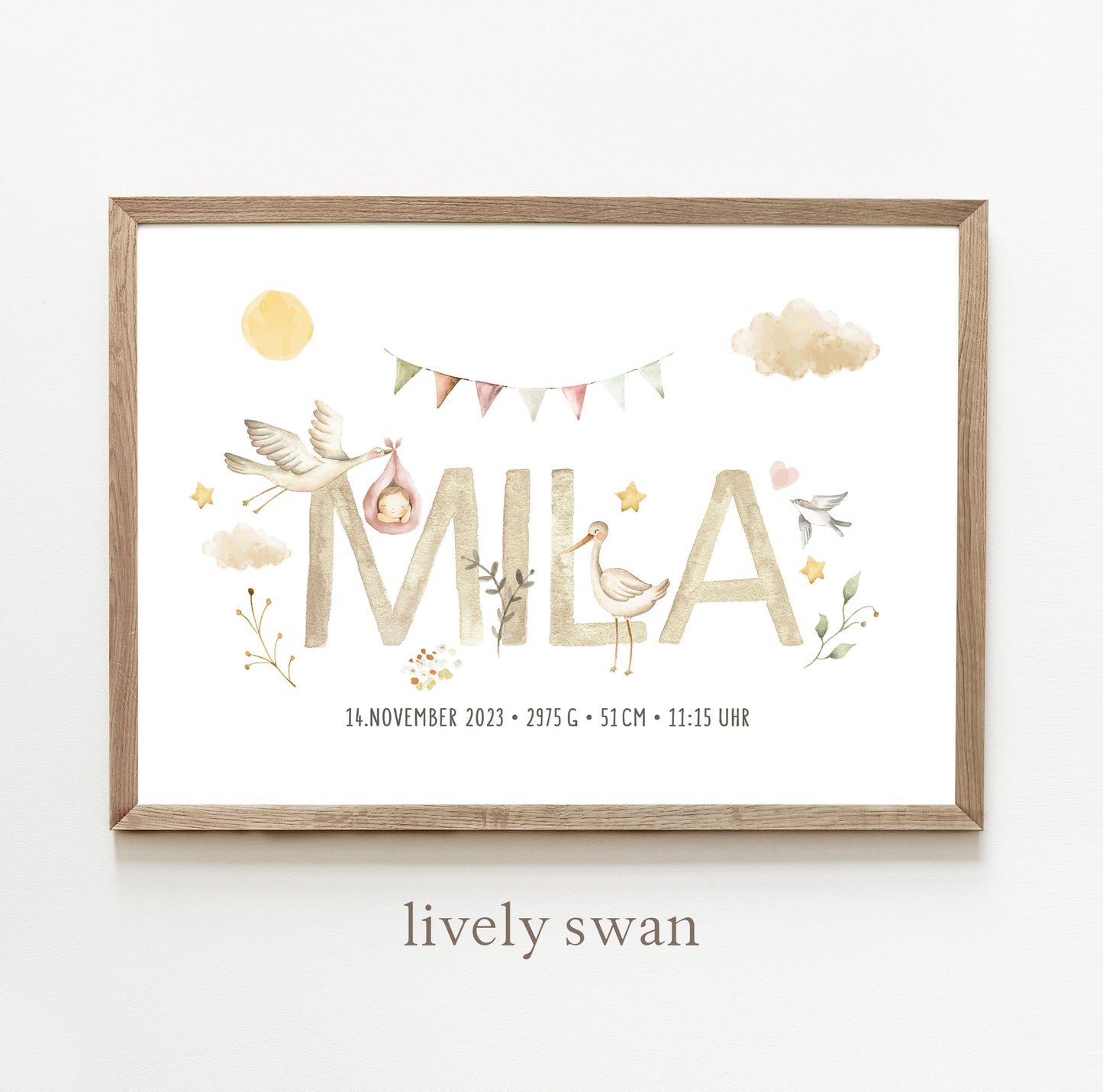 Geburtsposter, Storch, personalisiert, Geburtstafel, Geschenk Geburt, Rosa 2