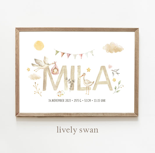 Geburtsposter, Storch, personalisiert, Geburtstafel, Geschenk Geburt, Rosa 2