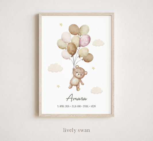 Geburtsposter, Teddybär, personalisiert, Geburtstafel, Geschenk Geburt, Rosa