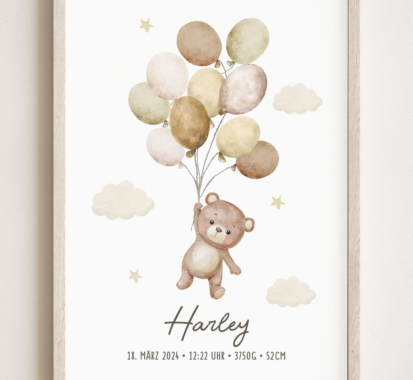 Geburtsposter, Teddybär, personalisiert, Geburtstafel, Geschenk Geburt, Beige