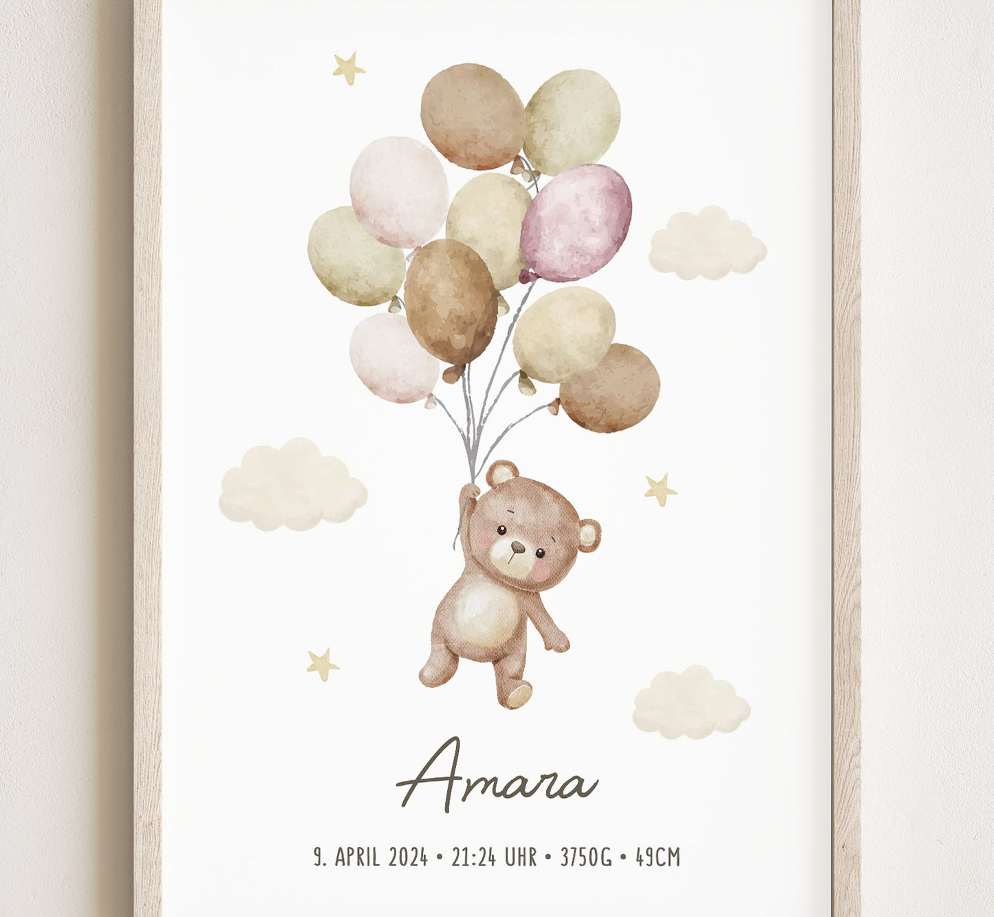 Geburtsposter, Teddybär, personalisiert, Geburtstafel, Geschenk Geburt, Rosa
