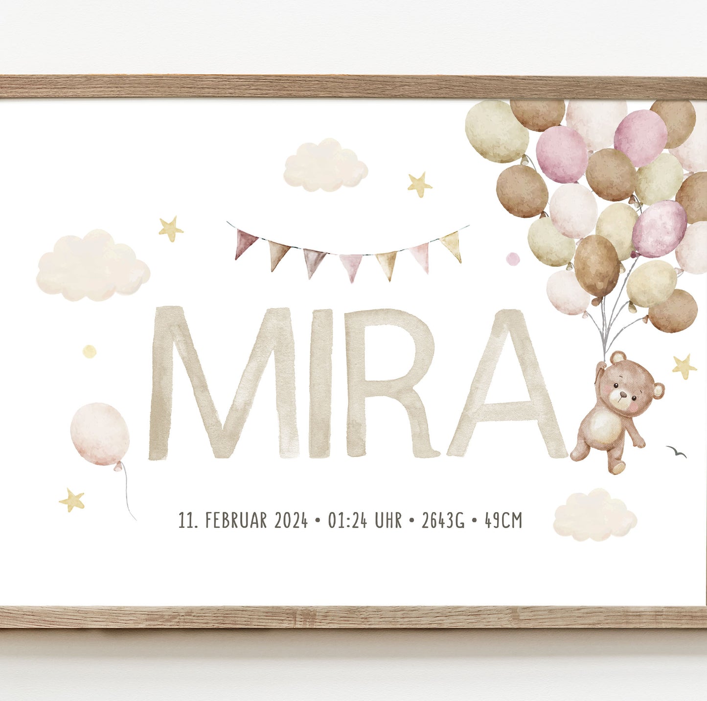 Geburtsposter, Teddybär, personalisiert, Geburtstafel, Geschenk Geburt, Rosa 3