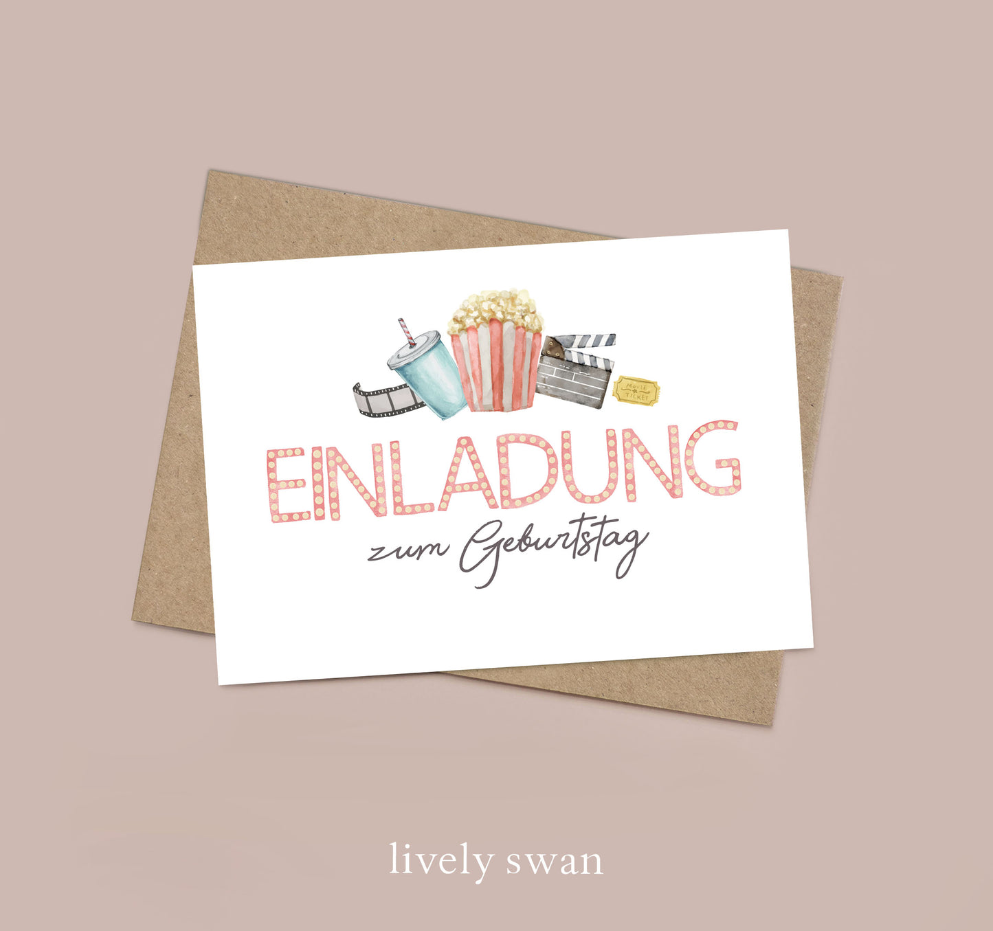 Kino-Einladungskarten Kindergeburtstag-DIN A6-Naturpapier