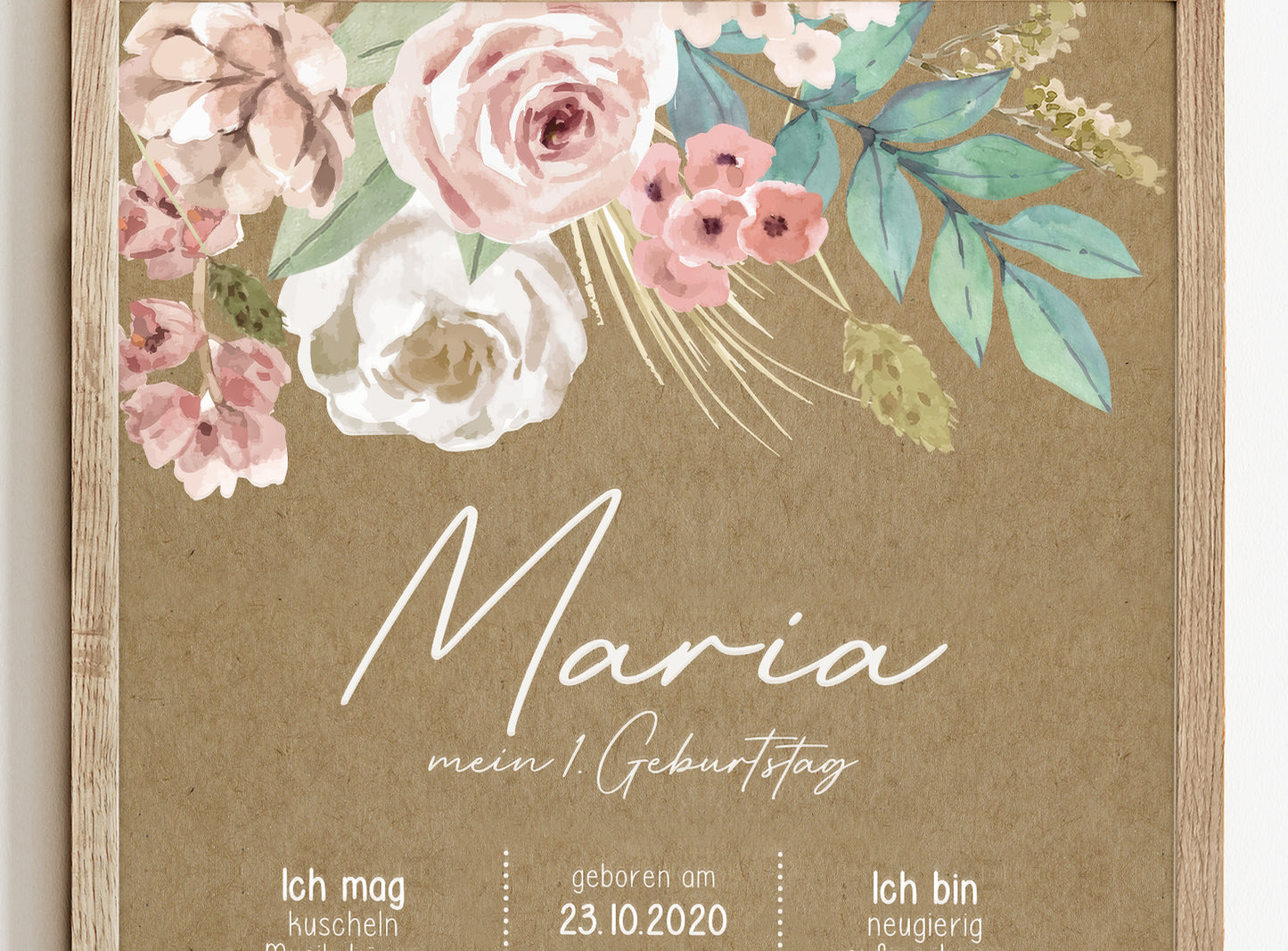 Meilensteintafel zum 1. Geburtstag, personalisiert, Blumen, Geburtstagsposter