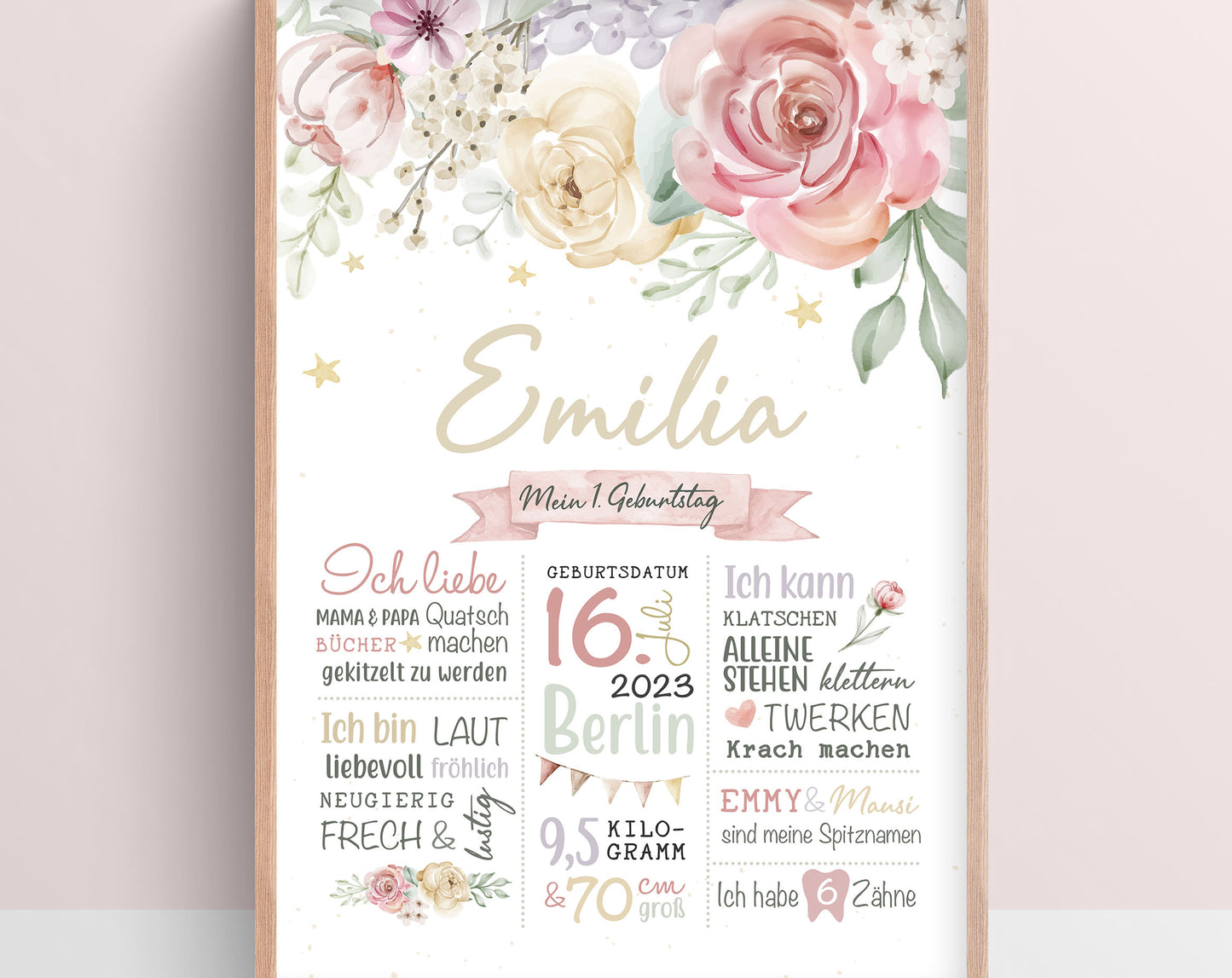 Meilensteintafel zum 1. Geburtstag, personalisiert, Blumen, Geburtstagsposter 2