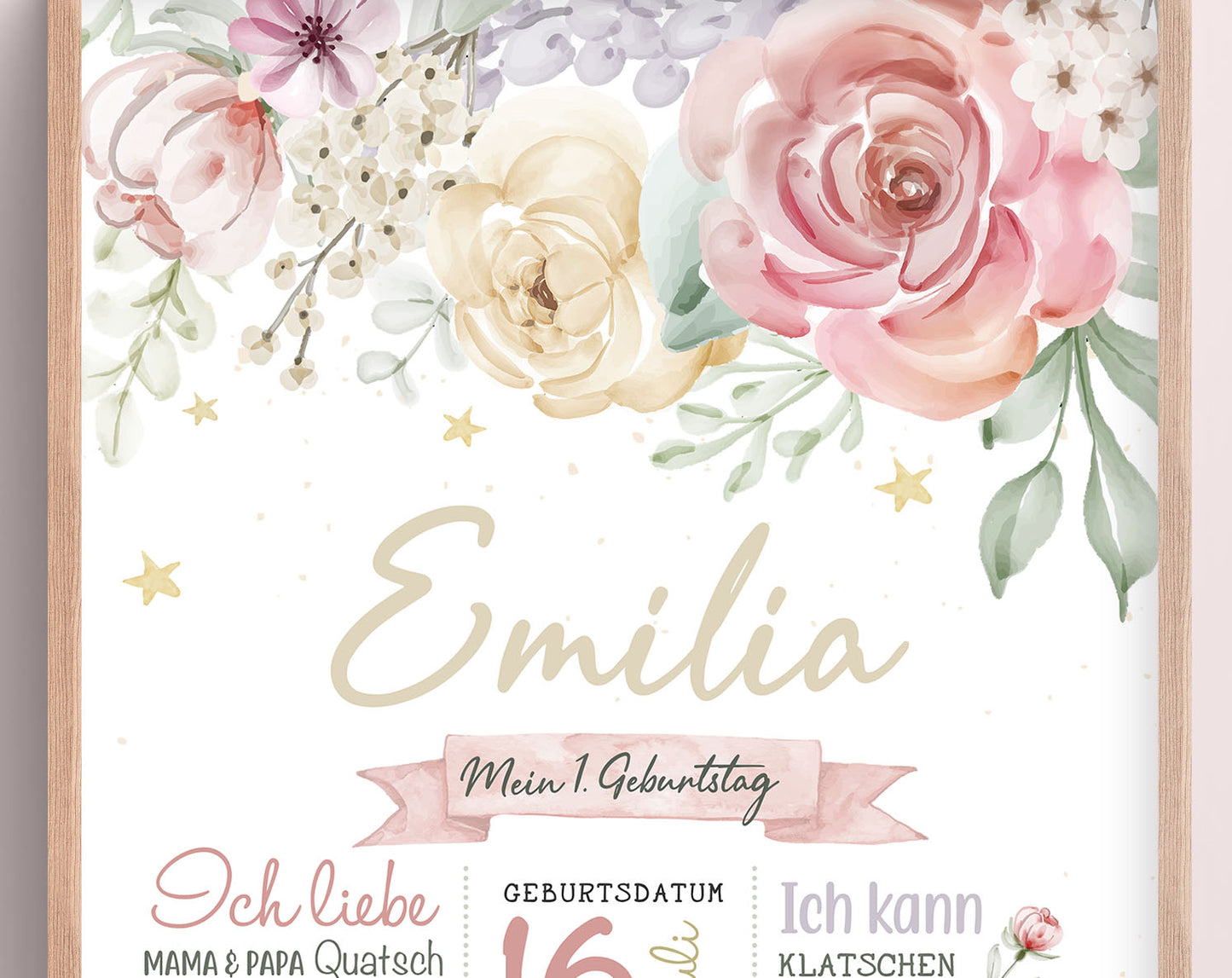 Meilensteintafel zum 1. Geburtstag, personalisiert, Blumen, Geburtstagsposter 2