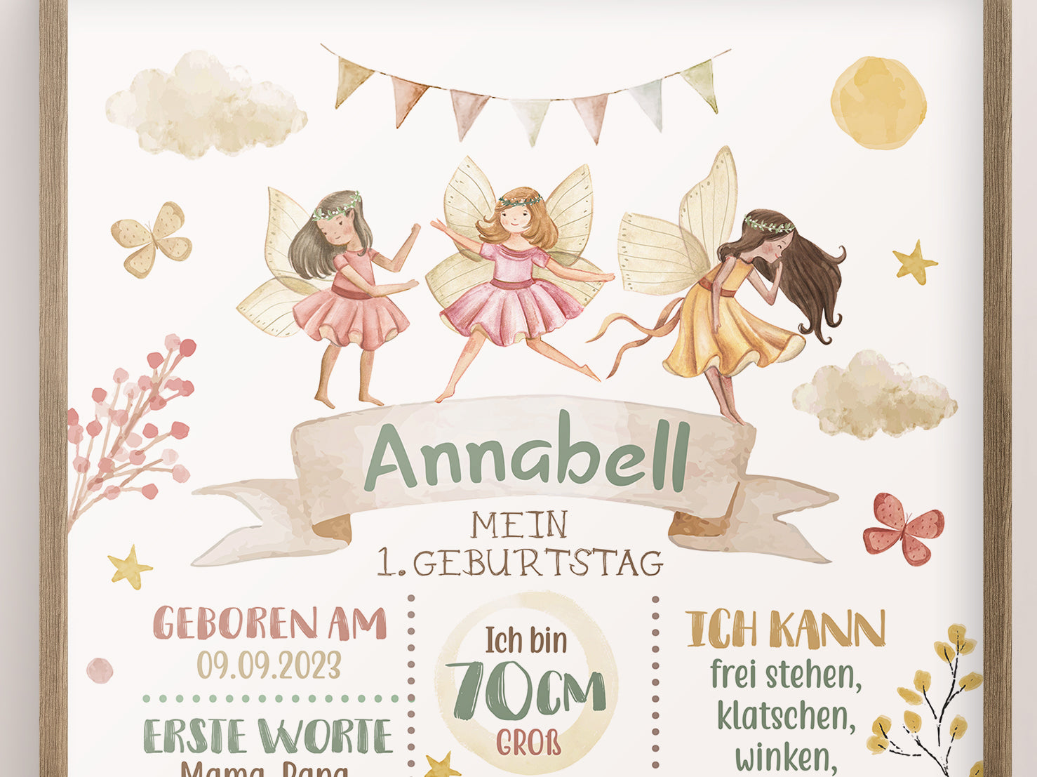 Meilensteintafel zum 1. Geburtstag, personalisiert, Fee, Geburtstagsposter