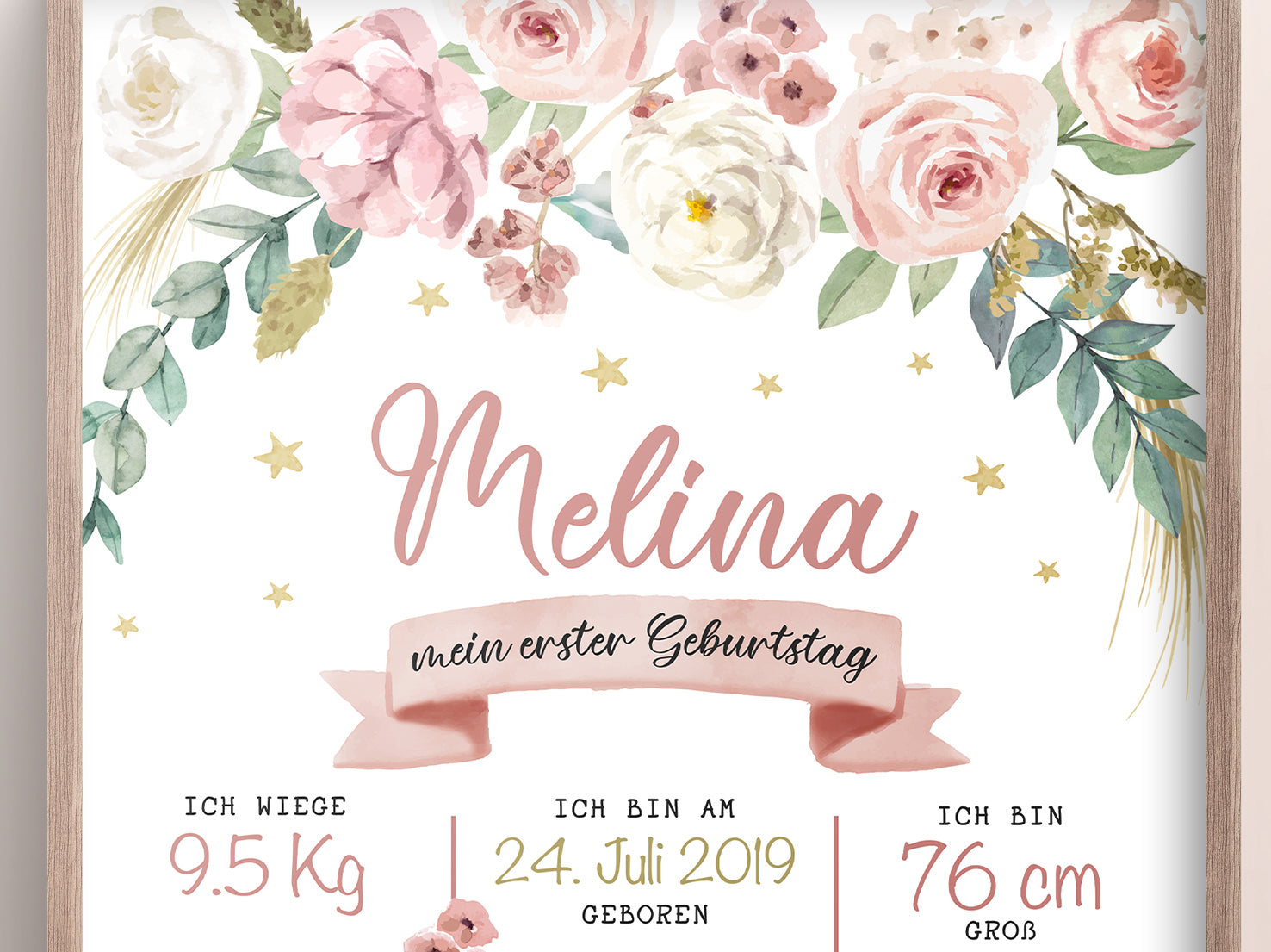 Meilensteintafel zum 1. Geburtstag, personalisiert, Blumen, Geburtstagsposter