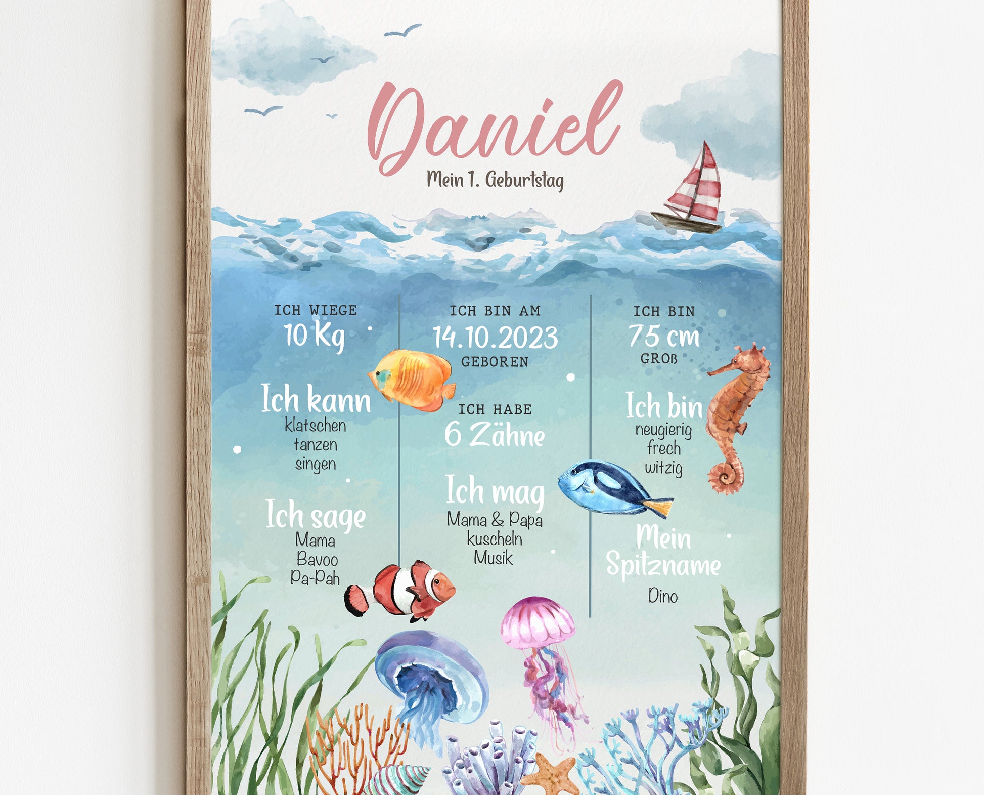 Meilensteintafel zum 1. Geburtstag, personalisiert, s, Geburtstagsposter, Ozean