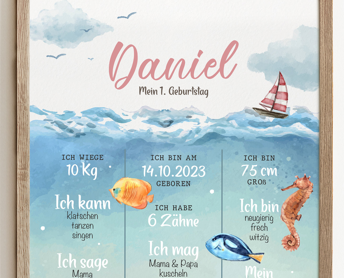 Meilensteintafel zum 1. Geburtstag, personalisiert, s, Geburtstagsposter, Ozean