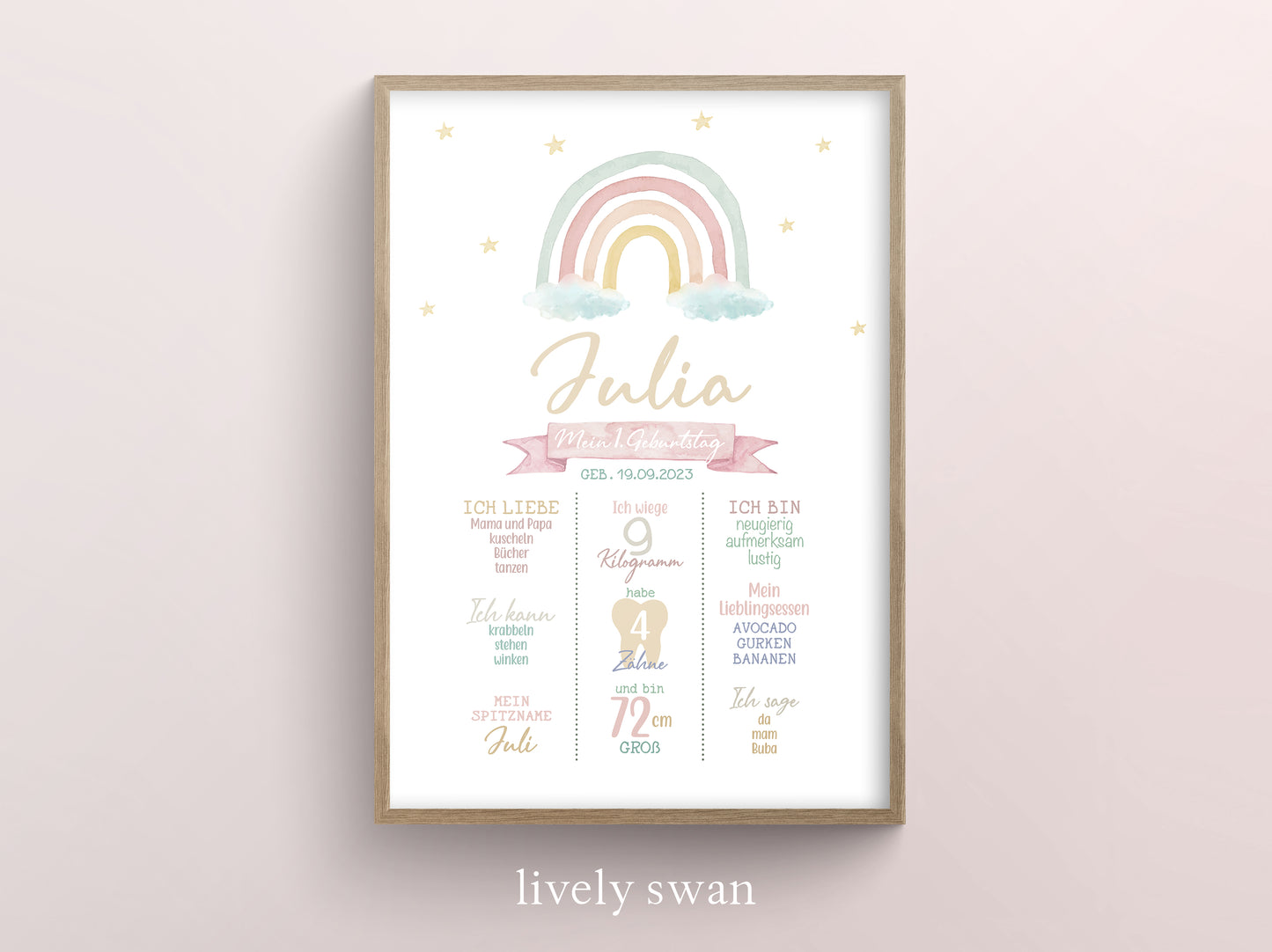 Meilensteintafel zum 1. Geburtstag, personalisiert, Regenbogen, Geburtstagsposter