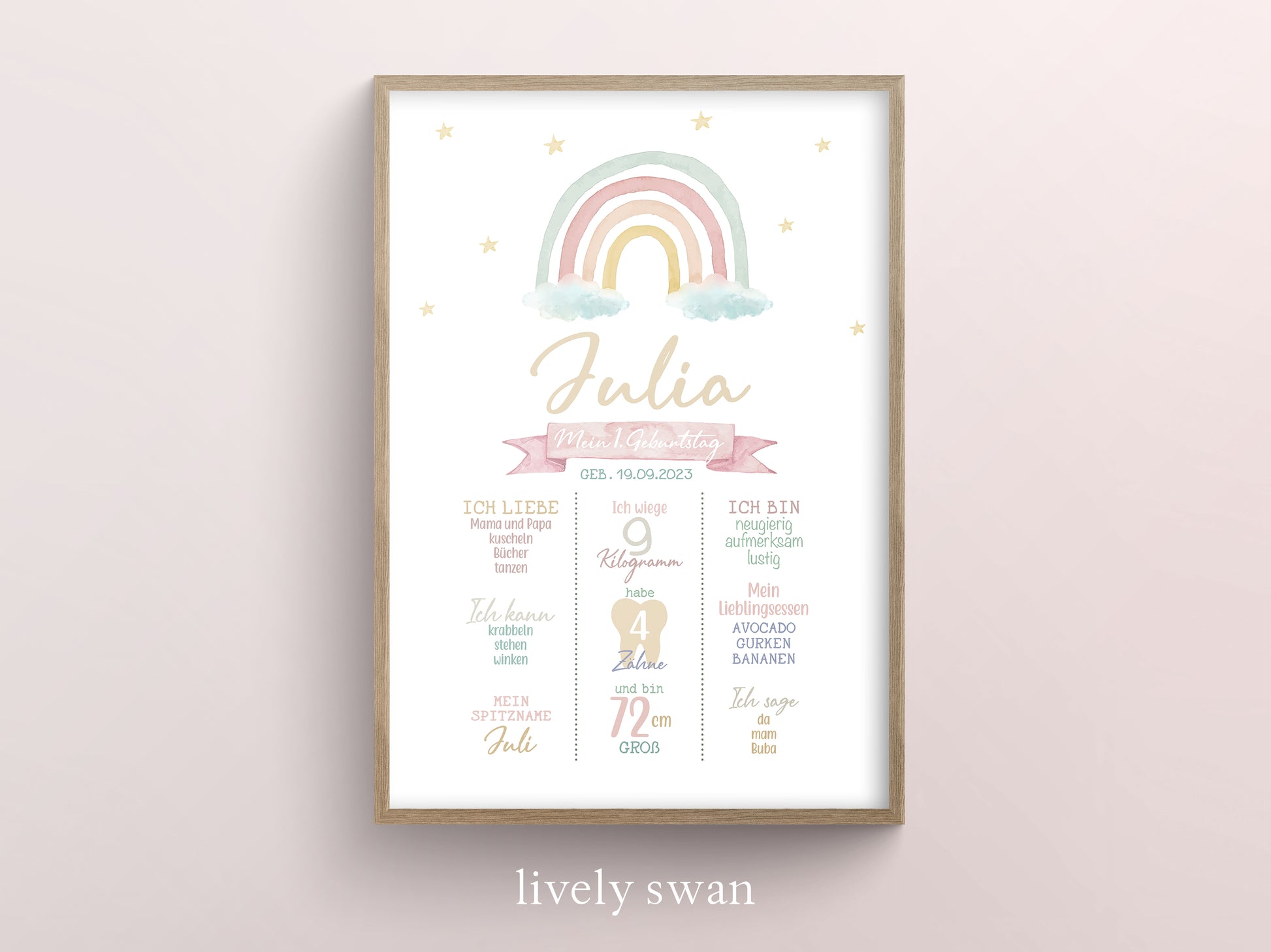 Meilensteintafel zum 1. Geburtstag, personalisiert, Regenbogen, Geburtstagsposter