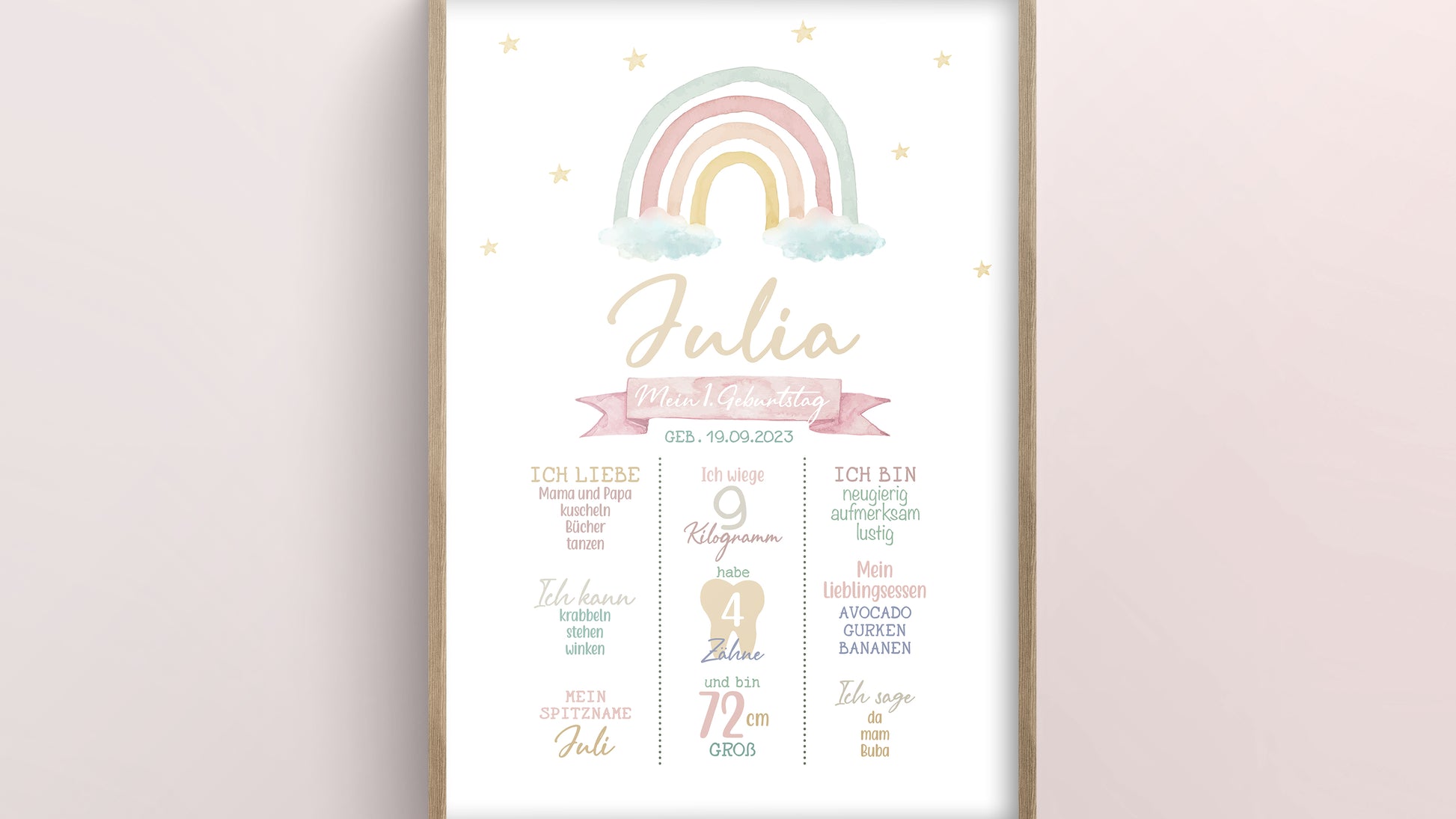 Meilensteintafel zum 1. Geburtstag, personalisiert, Regenbogen, Geburtstagsposter