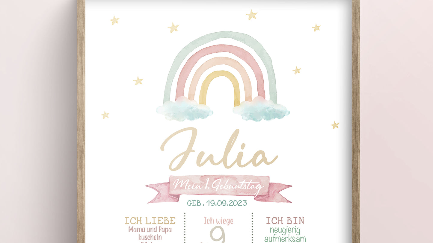 Meilensteintafel zum 1. Geburtstag, personalisiert, Regenbogen, Geburtstagsposter