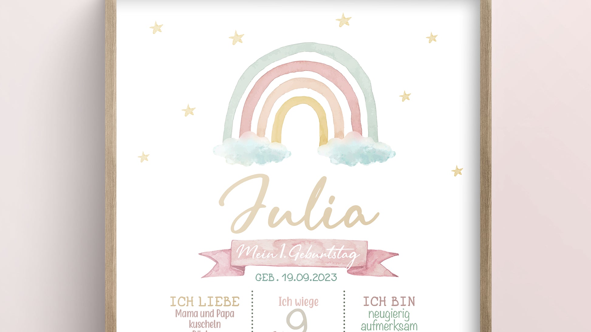 Meilensteintafel zum 1. Geburtstag, personalisiert, Regenbogen, Geburtstagsposter