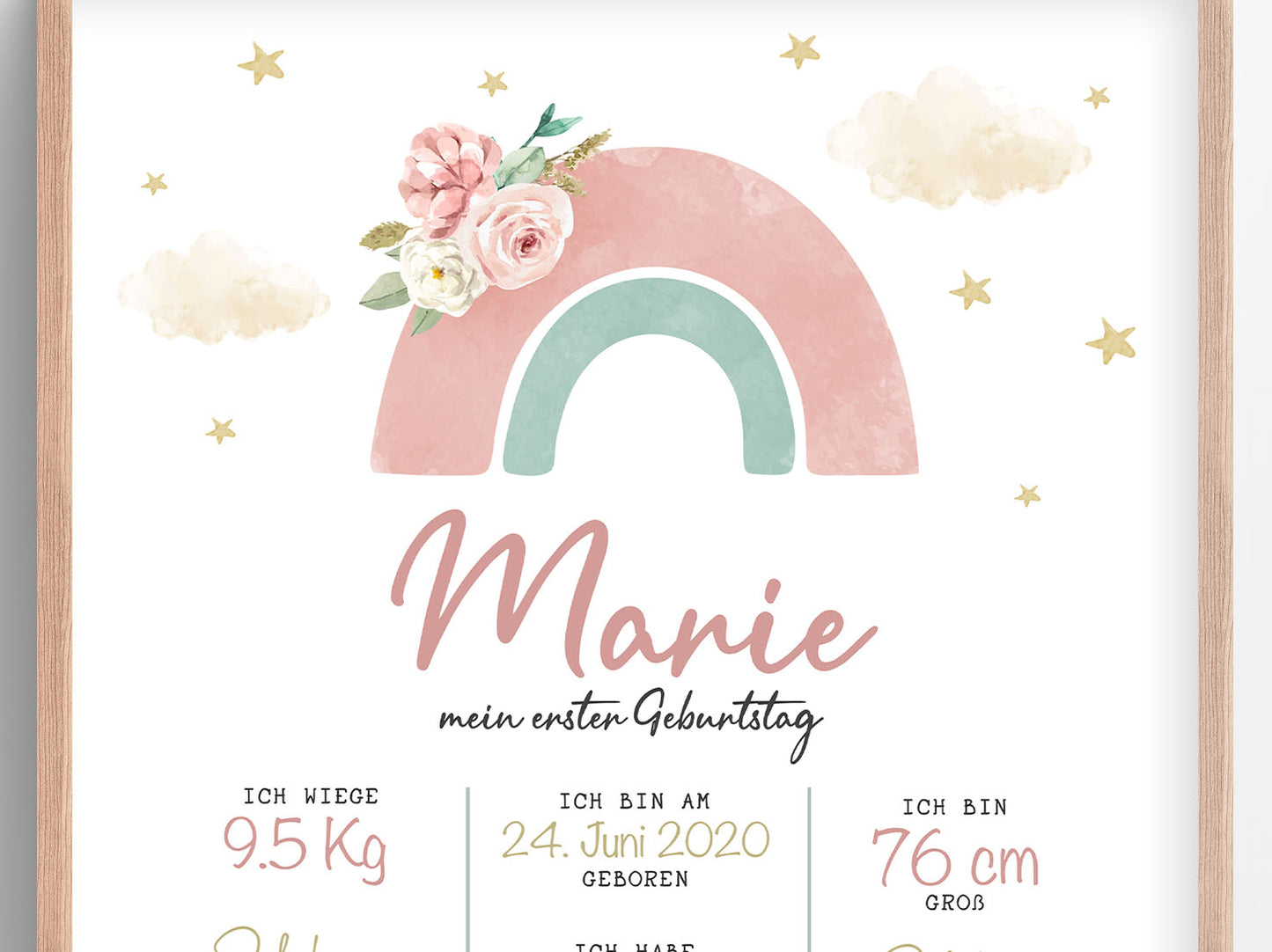 Meilensteintafel zum 1. Geburtstag, personalisiert, Regenbogen, Blumen, Geburtstagsposter 3