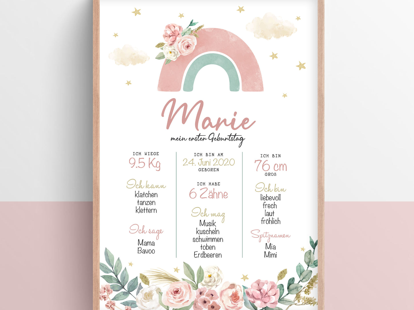Meilensteintafel zum 1. Geburtstag, personalisiert, Regenbogen, Blumen, Geburtstagsposter 3