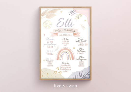 Meilensteintafel zum 1. Geburtstag, personalisiert, Regenbogen, Boho, Geburtstagsposter
