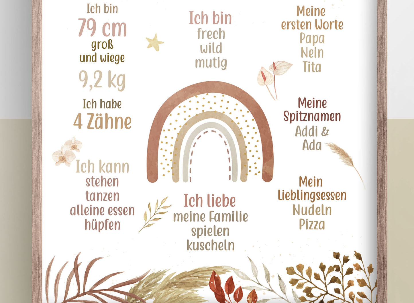 Meilensteintafel zum 1. Geburtstag, personalisiert, Regenbogen, Pampas, Geburtstagsposter 4