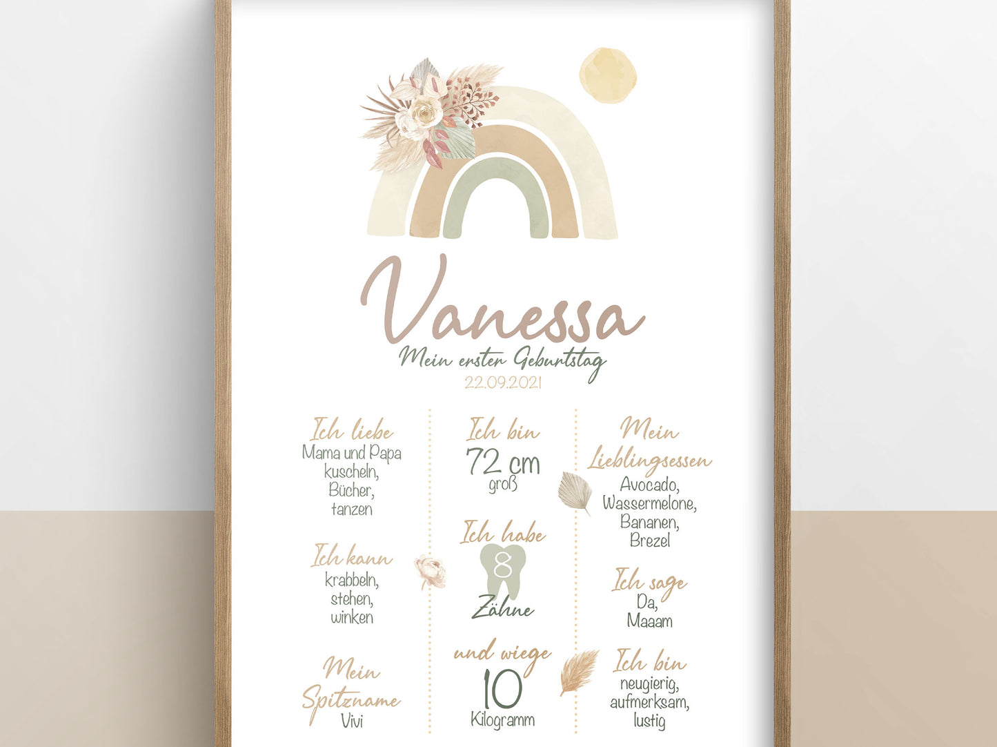 Meilensteintafel zum 1. Geburtstag, personalisiert, Regenbogen, Pampas, Geburtstagsposter 5