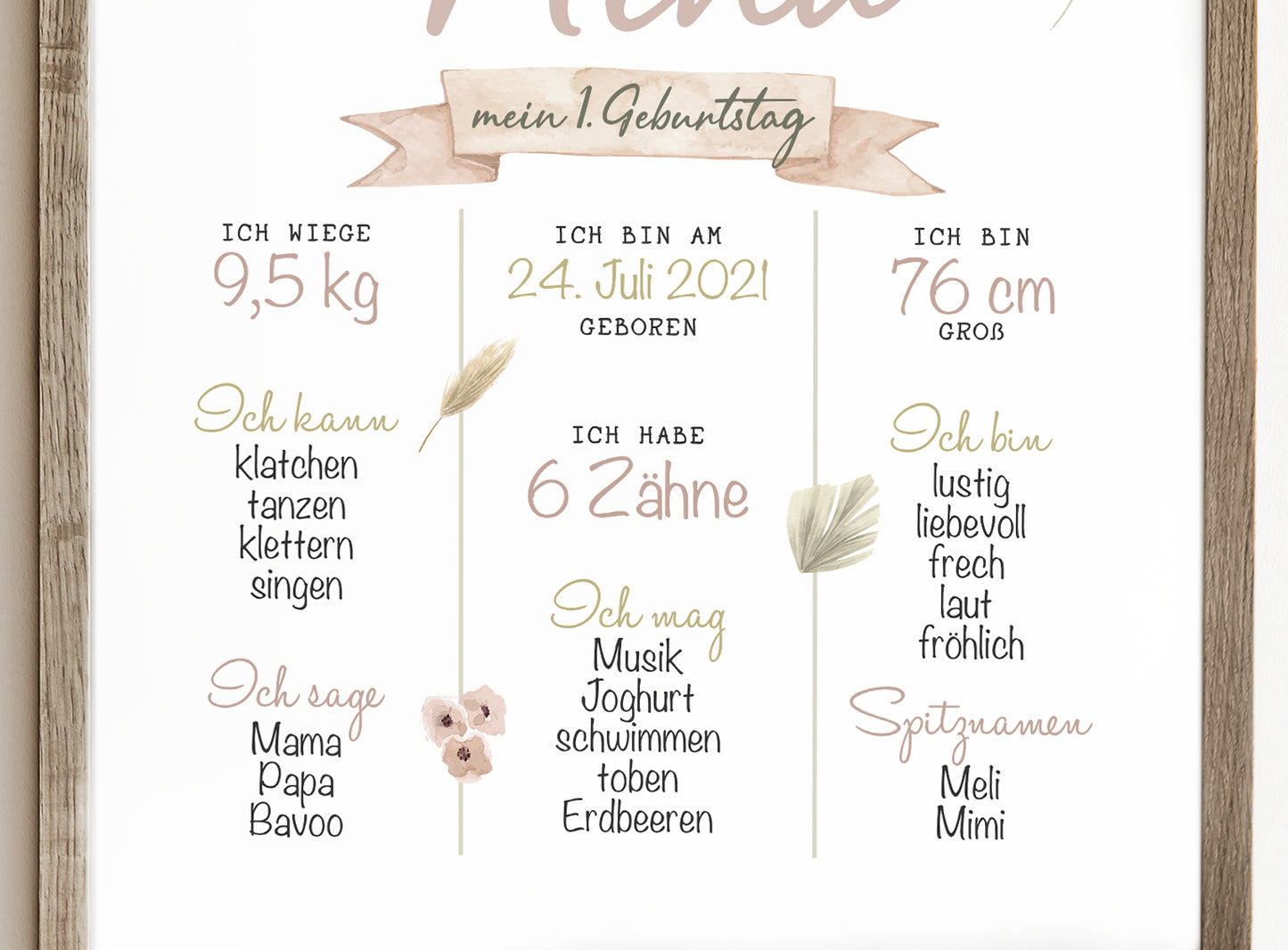 Meilensteintafel zum 1. Geburtstag, personalisiert, Blumen, Pampas, Geburtstagsposter