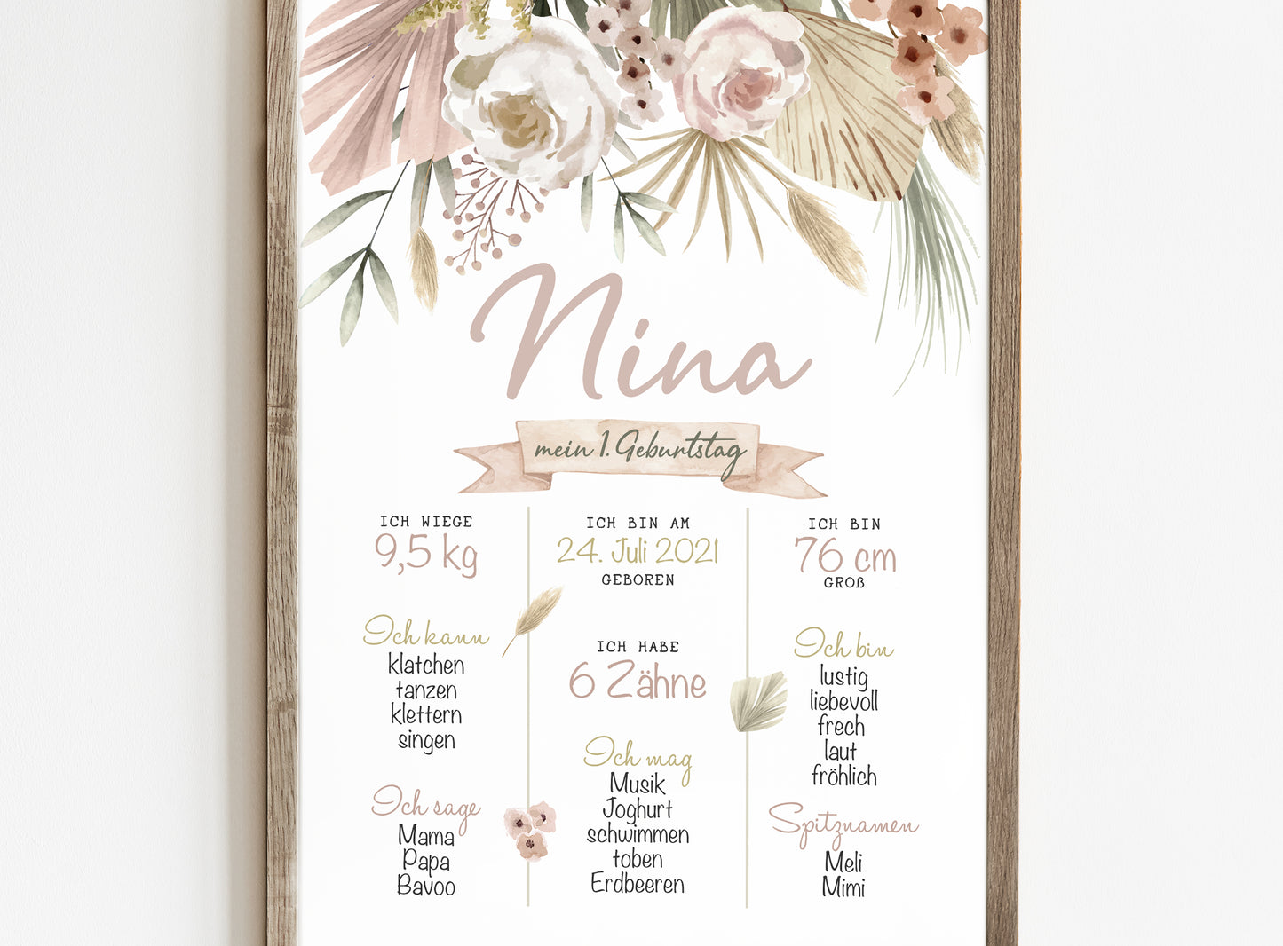 Meilensteintafel zum 1. Geburtstag, personalisiert, Blumen, Pampas, Geburtstagsposter
