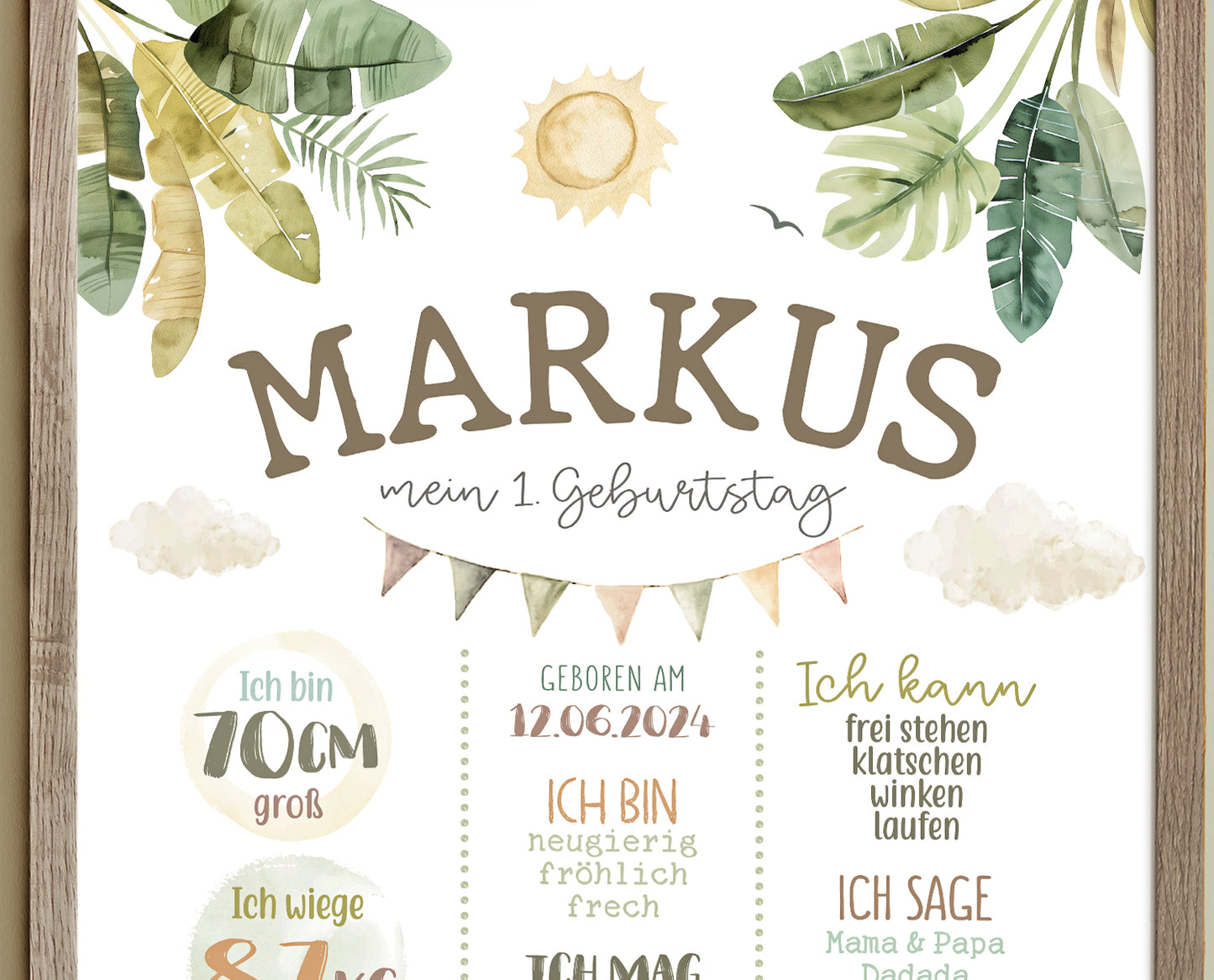 Meilensteintafel zum 1. Geburtstag, personalisiert, Safari, Geburtstagsposter