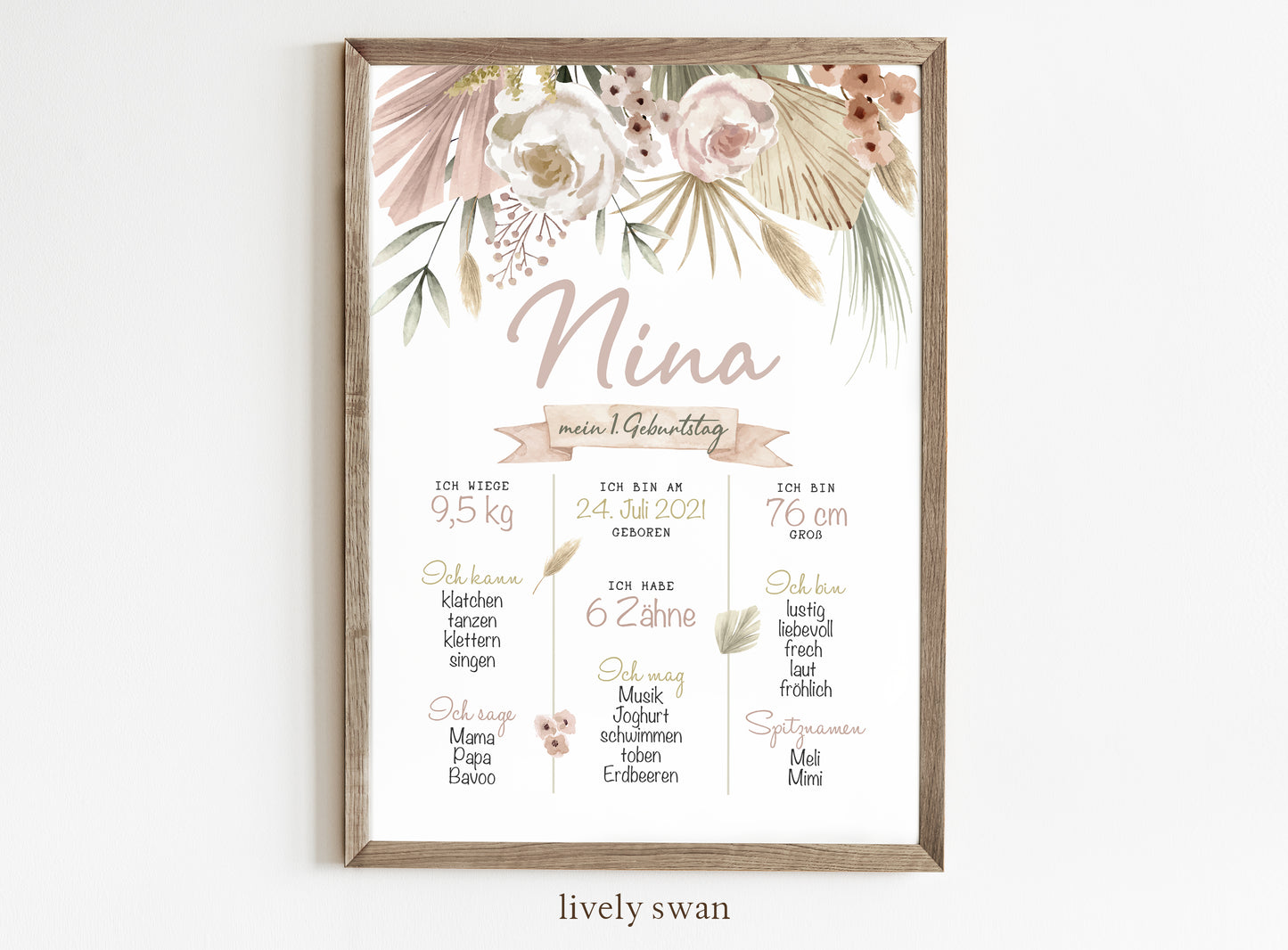 Meilensteintafel zum 1. Geburtstag, personalisiert, Blumen, Pampas, Geburtstagsposter