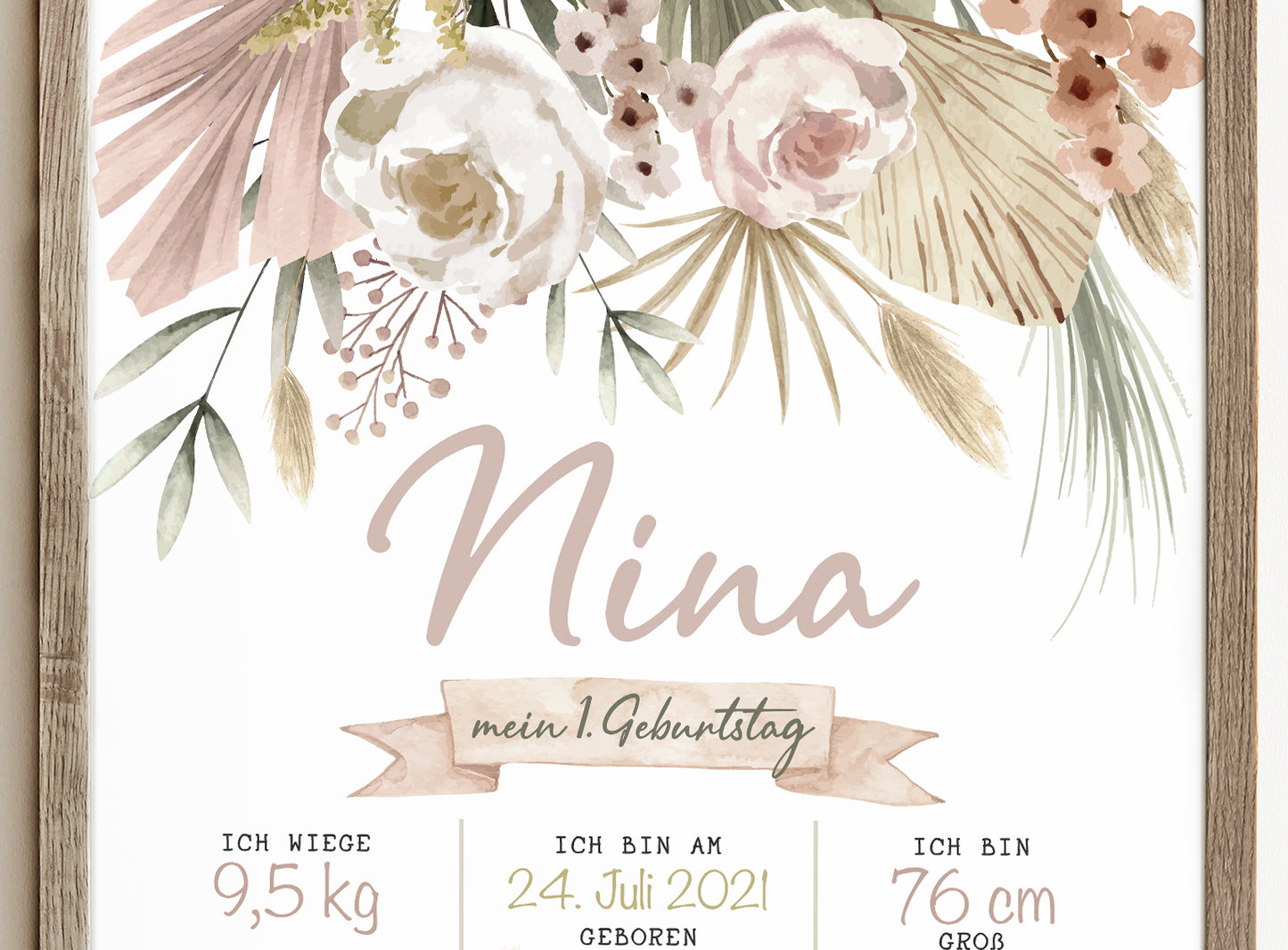Meilensteintafel zum 1. Geburtstag, personalisiert, Blumen, Pampas, Geburtstagsposter