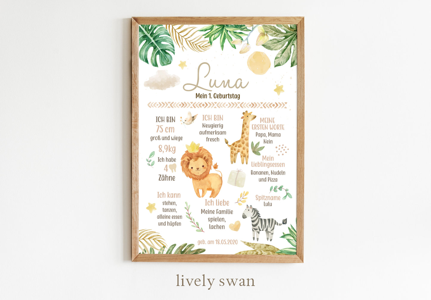 Meilensteintafel zum 1. Geburtstag, personalisiert, Safari, Geburtstagsposter, Wild one, Löwe 10